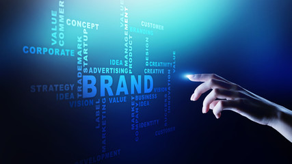 Brand words cloud on virtual screen. Branding, Marketing and Advertising concept.