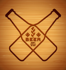 Vector template with beer bottles with hops and malt on a wooden background. Best drink ever. - 299089342