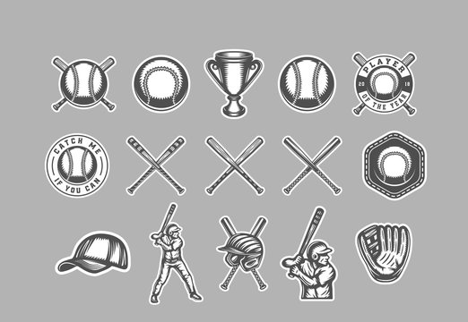 Vintage baseball sport stickers logos, emblems, badges, marks, labels. Monochrome Graphic Art. Illustration.