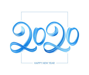 Handwritten brush stroke blue paint lettering of 2020. Happy New Year
