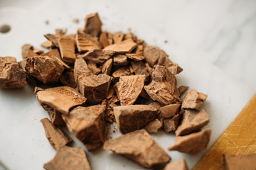 Chocolate Shavings. Raw cacao mass. Raw vegan chocolate