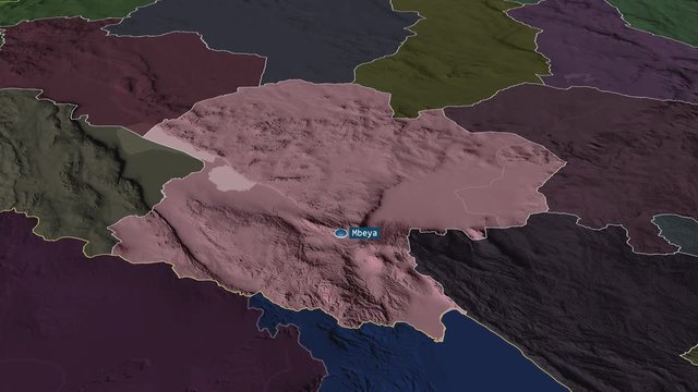 Mbeya - region of Tanzania with its capital zoomed on the administrative map of the globe. Animation 3D