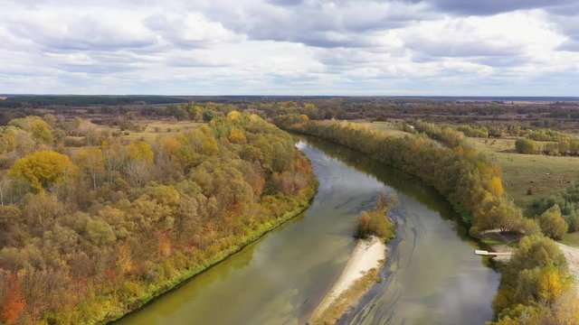Aerial view of the Seym River at Baturyn in Ukraine. Moving camera forward subject.