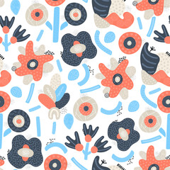 Vector seamless pattern. Abstract hand drawn flowers with different textures. Floral composition. Freehand style. Artistic design for wallpaper, textiles, wrapping, card, print on clothes, packaging