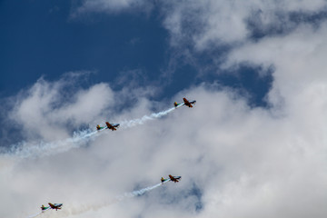 Brasilia, October 29, 2019: FAB, Brazilian Air Force, Smoke Squadron, in the sky of the Brazilian capital, a stunt show and commemorative maneuvers of Brazil Independence Day - September 7