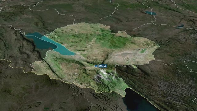 Mbeya - region of Tanzania with its capital zoomed on the satellite map of the globe. Animation 3D