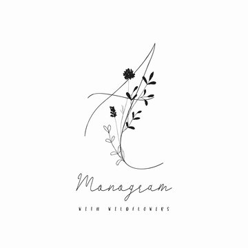 Vector Hand Drawn Rustic Floral Logo Monogram