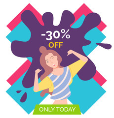Cheerful personage, isolated female character winking and pointing on herself. Proposition of shop, reduction of price, sale and discount store. Happy woman on black friday sale. Vector in flat style