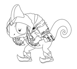 Rogue chameleon character in cloths with two daggers in his hands. line art illustration for coloring book for children and kids on white background. 