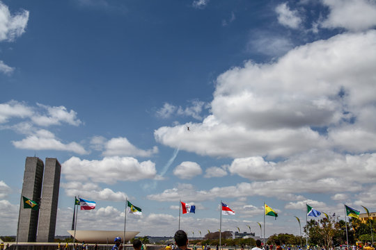 Brasilia, September 19, 2019: FAB, Brazilian Air Force, Smoke Squadron, in the sky of the Brazilian capital, a stunt show commemorating Brazil's Independence Day - September 7