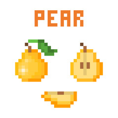 Set of pixel art yellow pears (uncut, cut in half, sliced) isolated on white background. Collection of 8 bit fruit icons. Old school vintage retro 80s, 90s slot machine/video game graphics.
