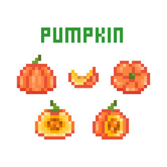 Set of pixel art round orange pumpkins (uncut, cut in half, sliced) isolated on white background. Collection of 8 bit vegetable icons. Old school vintage retro 80s-90s slot machine/video game graphics