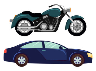 Sport car isolated transportation. Vehicle transport of cool modern type and shape. Motorbike and bike with seat, lorry. Buy new car and moto bike. Vector illustration in flat cartoon style