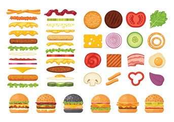 Big set of vector ingredients for burger and sandwich top view and front. Elements for different burgers isolated on white backgroud. Fastfood hamburger maker with flying ingredients. - obrazy, fototapety, plakaty