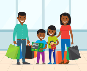 Family standing with packages, parents and children holding colorful bags. Smiling man and woman standing with purchase, shopping day in supermarket. Vector illustration in flat cartoon style