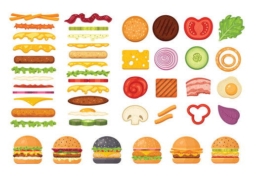 Big Set Of Vector Ingredients For Burger And Sandwich Top View And Front. Elements For Different Burgers Isolated On White Backgroud. Fastfood Hamburger Maker With Flying Ingredients.