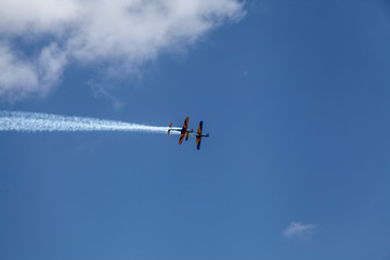 Brasilia, October 29, 2019: FAB, Brazilian Air Force, Smoke Squadron, in the sky of the Brazilian capital, a stunt show and commemorative maneuvers of Brazil Independence Day - September 7