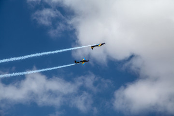 Brasilia, October 29, 2019: FAB, Brazilian Air Force, Smoke Squadron, in the sky of the Brazilian capital, a stunt show and commemorative maneuvers of Brazil Independence Day - September 7