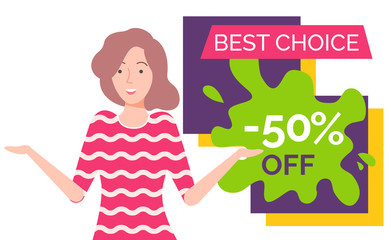 Hot sale on products of premium quality. Good deal for people. Happy brunette girl offering. Best price with discount on sale store. Woman on black friday sale. White background vector illustration