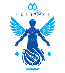 Vector graphic illustration of muscular human, individual made with bird wings. Pure water is free life, Poseidon the god of sea and defender of all waters.