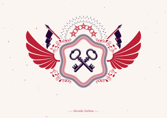 Heraldic emblem made using graphic elements like bird wings, keys and pentagonal stars, vector illustration.