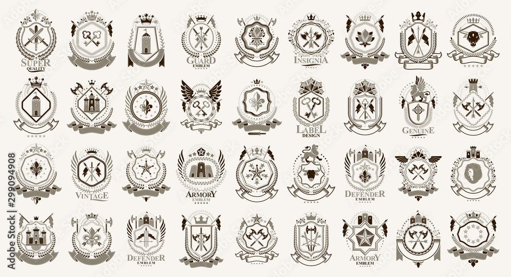 Wall mural vintage heraldic emblems vector big set, antique heraldry symbolic badges and awards collection, cla