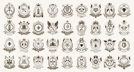 Fotobehang Vintage heraldic emblems vector big set, antique heraldry symbolic badges and awards collection, classic style design elements, family emblems. © Sylverarts