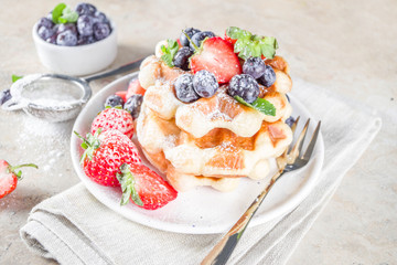 Sweet Homemade Breakfast Belgian Waffles with Berries - Strawberry and Blueberry