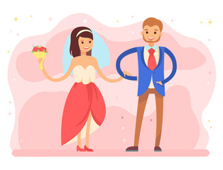 Bride and groom dancing on first wedding day, man and woman in love. People wearing clothes, bridal dress, lady with bouquet of roses flowers. Vector illustration in flat cartoon style