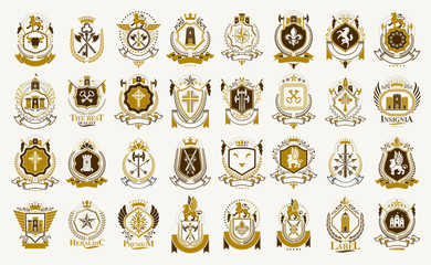 Vintage heraldic emblems vector big set, antique heraldry symbolic badges and awards collection, classic style design elements, family emblems.
