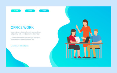People teamwork on workplace, using laptop, man and woman holding papers, making report in office. Worker character doing work, job online vector. Website or webpage template, landing page flat style