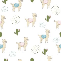 Fototapeta premium Cute seamless pattern with hand drawn couple of alpacas