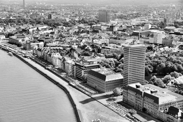 Dusseldorf city, Germany. Black and white vintage style. 