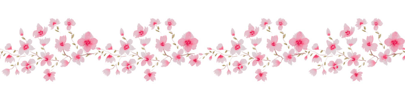 panoramic seamless pattern with cherry blossom branch, floral watercolor illustration isolated on white