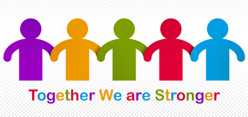 Worldwide people global society concept, different races solidarity, we stand as one, togetherness and friendship allegory, world unity cooperation, vector illustration logo or icon.