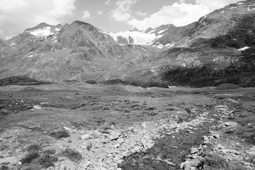 Alps in Italy. Black and white vintage style. 