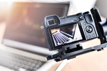 Detail of modern laptop via new photo digital cameras screen. LCD display live view on a High...