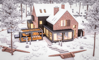 3d rendering of modern clinker house on the ponds with pool in winter evening