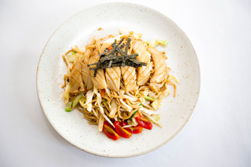 yaki soba squid on white background