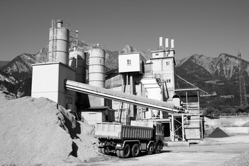 Cement production plant. Black and white vintage style.