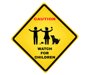 Caution board with message Caution WATCH FOR CHILDREN. beware and careful yellow rhombus Sign, Accident Prevention signs, warning symbol, vector illustration.