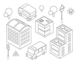 Isometric bus urban infrastructure cars and buses