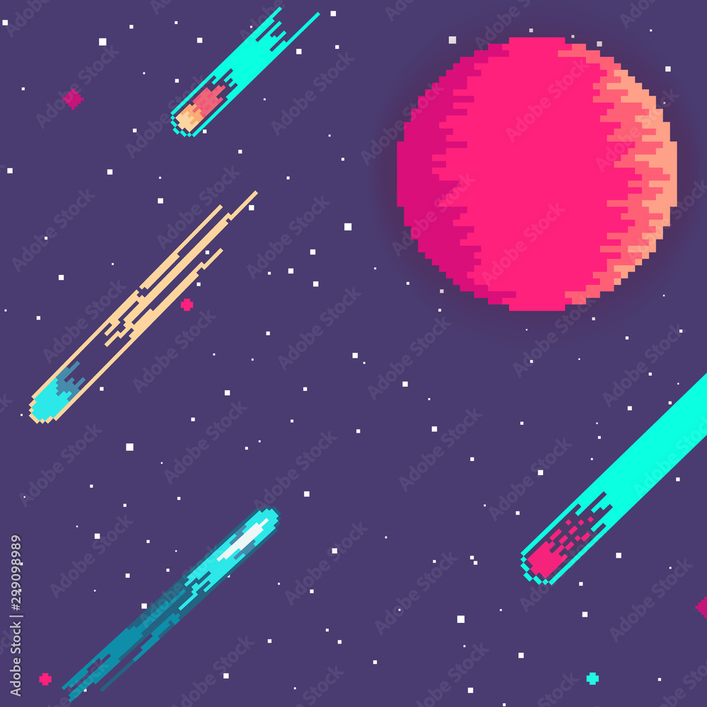 Leinwandbilder Planet in space. Retro game design interface. Retro computer stars for template or design element with pixel theme. Pixel art background. 8 bit.
