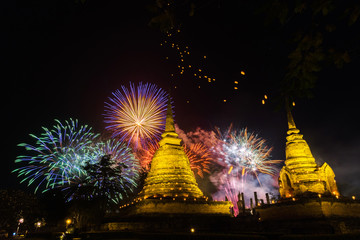 Firework of Loi Krathong festival showing in Sukhothai historical park. Sukhothai, Thailand.