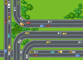 Road top view with highways many different vehicles