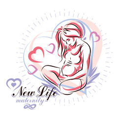 Vector hand-drawn illustration of pregnant elegant woman expecting baby, sketch. Mother Day conceptual flyer