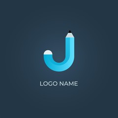 Blue pencil with J logo on isolated dark background.