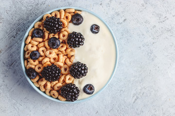 Bowl filled with corn ring cereals and berries. Healthy breakfast