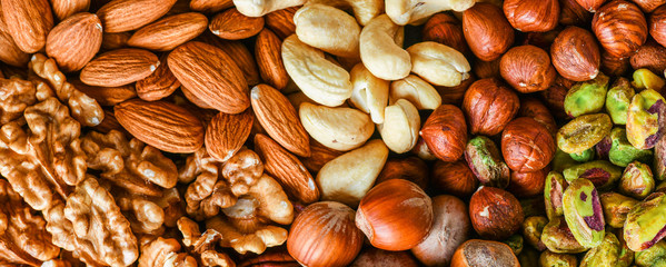 Mixed nuts like walnut, pistachio, almond, pecan, cashew, hazelnut. Copy space for text. Various nut banner or background.