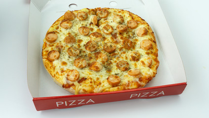Pizza in box delivery on white background, Blank for design, food concept Front view..